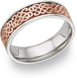 Celtic Heart Knot Wedding Band Ring, 14K White Gold and Rose Gold