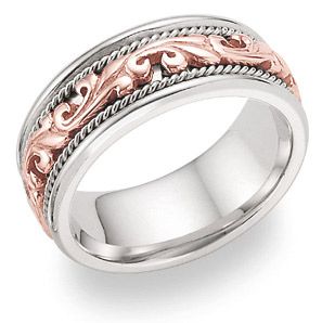 14k white and rose gold paisley wedding band ring