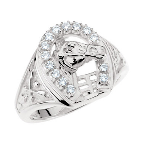 1/4 Carat Men's Diamond Horseshoe Ring with Horse in White Gold