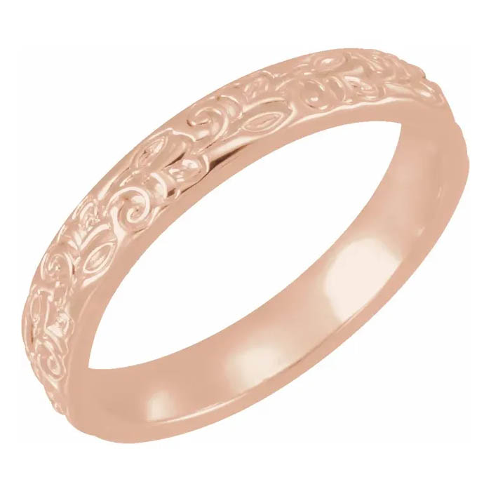 14K Rose Gold Carved Floral Wedding Band Ring for Women