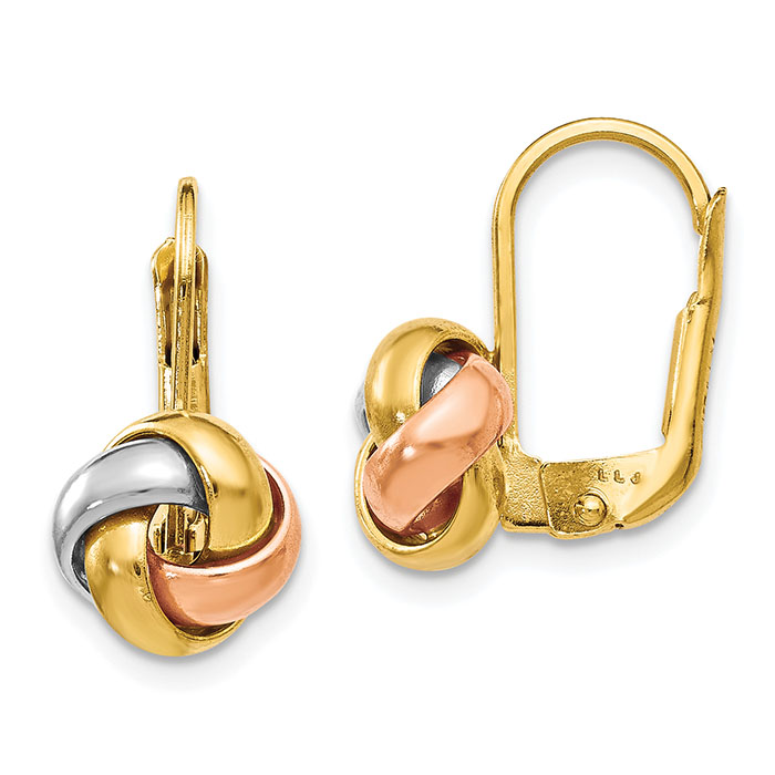 14K Tri-Color Gold Lever-Back Love Knot Earrings