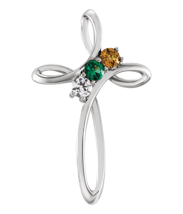 3-Stone Personalized Family Gemstone Cross Swirl Necklace, 14K White Gold