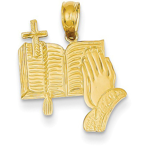 Bible, Cross, and Praying Hand Pendant in 14K Gold
