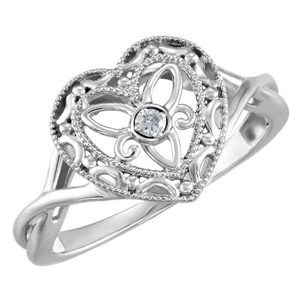 Diamond Filigree Heart Ring, Sterling Silver