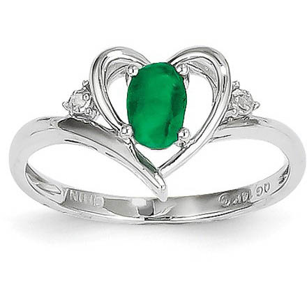 Emerald and Diamond Heart Ring in 14K White Gold