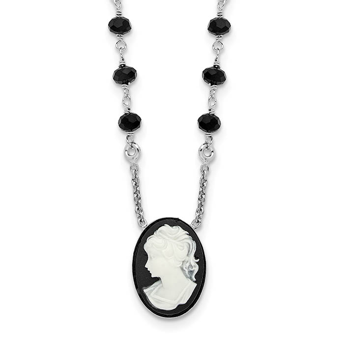italian black glass bead resin cameo necklace sterling silver