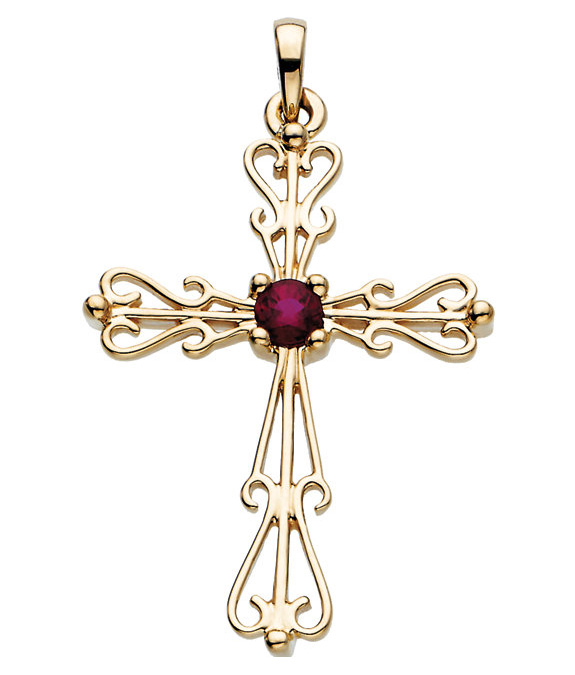 Ornate Genuine Ruby Cross Pendant in 14K Gold