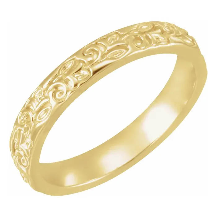 Carved Floral Wedding Band Ring for Women, 14K Gold