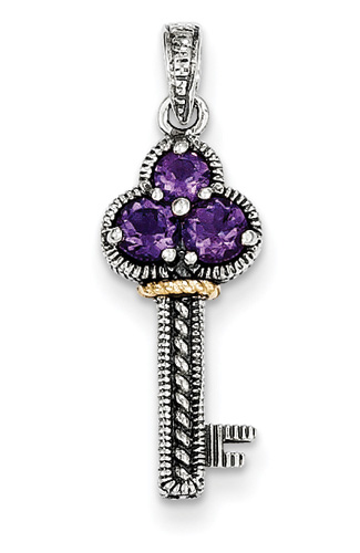 Amethyst Key Pendant, Sterling Silver and 14K