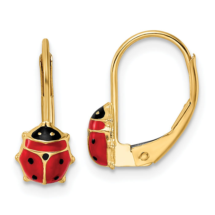 Enameled Leverback Ladybug Earrings 14K Gold
