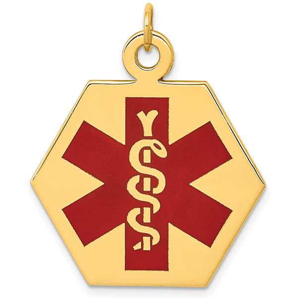 14K Gold Hexagon Medical ID Necklace Pendant with Red Enamel Caduceus Symbol
