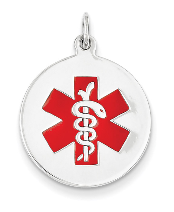 14K White Gold Medical ID Necklace with Red Enamel