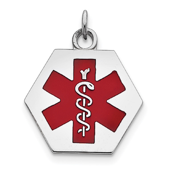 Hexagon Medical ID Necklace with Red Enamel in Sterling Silver