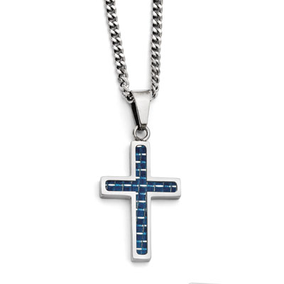 Blue Carbon Fiber Stainless Steel Cross Necklace