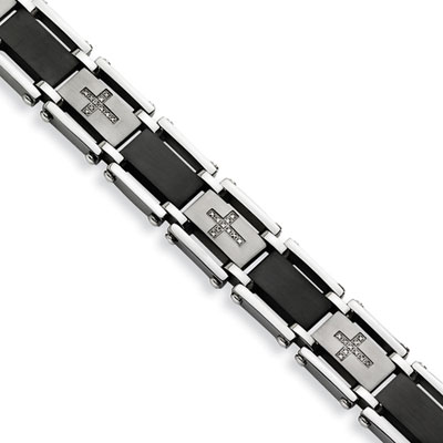 0.25 Carat Diamond Black Stainless Steel Men's Cross Bracelet