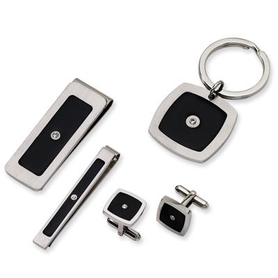 Stainless Steel Black Enamel and CZ 4-piece Gift Set
