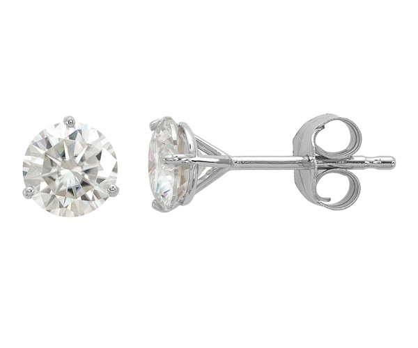 0.88 Carat Moissanite Stud Earrings with Trinity Prong in 14K White Gold