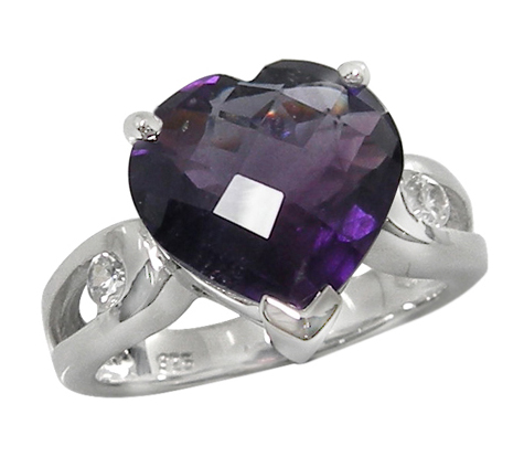 Checkerboard Heart-Shaped Amethyst Ring in Silver