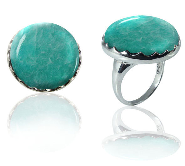 Large Round Amazonite Stone Ring in Silver