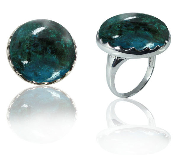 Large Round Chrysocolla Stone Ring in Silver