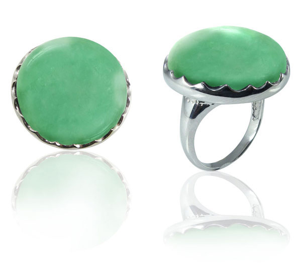 Large Round Chrysoprase Stone Ring in Silver