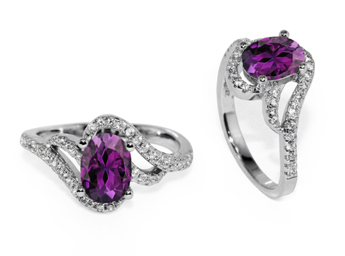 Oval Amethyst and White CZ Ring in Silver