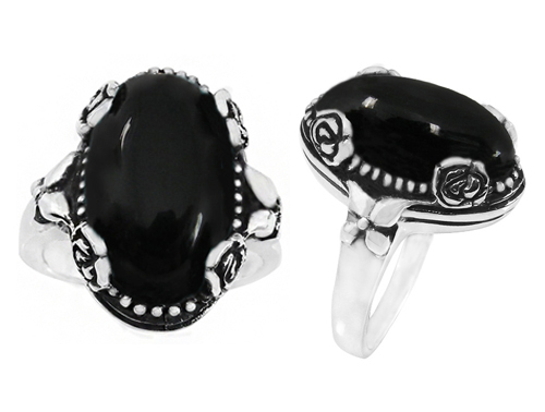 Oval Black Onyx Ring with Rose in Silver
