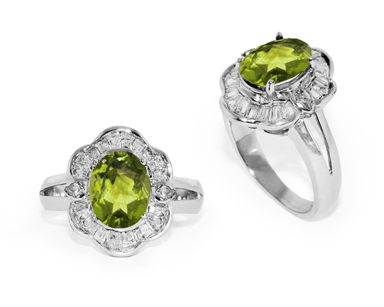 Oval Peridot and Pear-Shaped Silver CZ Ring