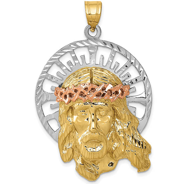 14K Tri-Color Gold Large Jesus Head with Crown of Thorns Pendant
