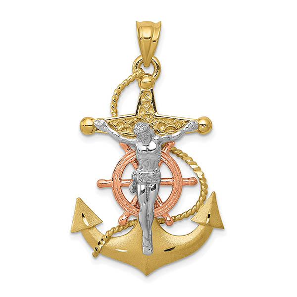14K Tri-Color Gold Mariner's Anchor Cross Crucifix Pendant