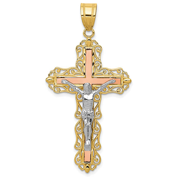 14K Tri-Colored Gold Diamond-Cut Swirl Crucifix Pendant