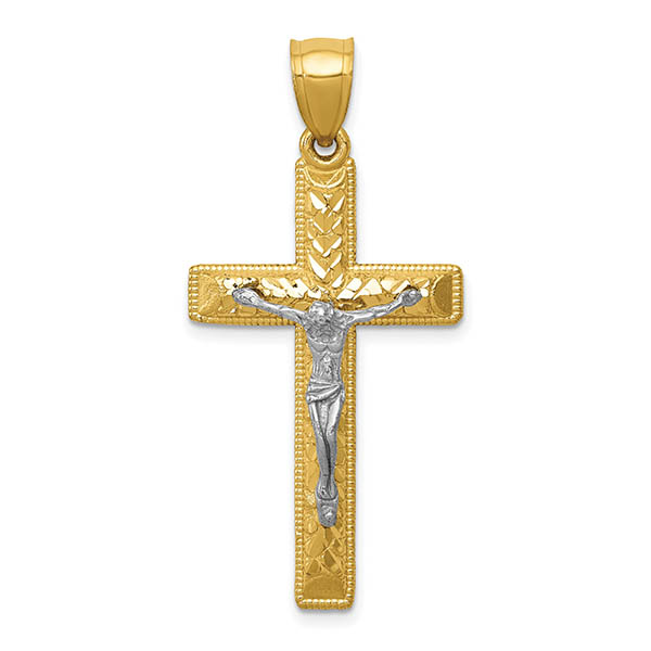 14K Two-Tone Gold Diamond-Cut Nugget Crucifix Pendant for Men