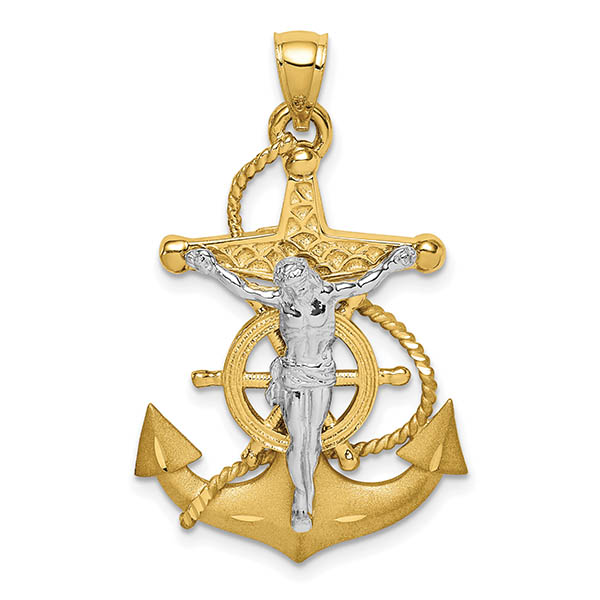 14K Two-Tone Polished/Satin Mariner's Anchor Crucifix Pendant