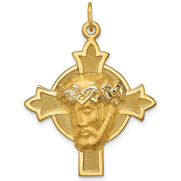 14K Yellow Gold Polished Crucifix Cross with Jesus Face Pendant