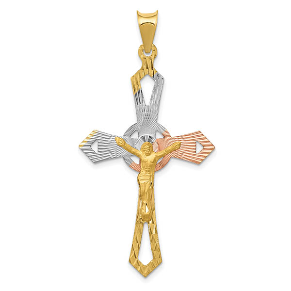 14K Yellow Gold, Rose Gold, and Rhodium Crucifix Pendant