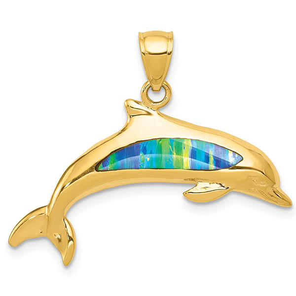 14K Gold Dolphin Pendant with Created Opal Gemstones