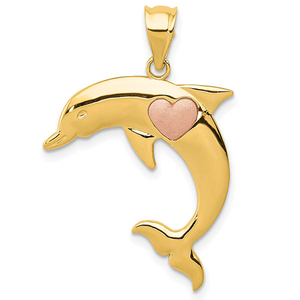 14K Gold Dolphin with Rose Gold Heart Pendant