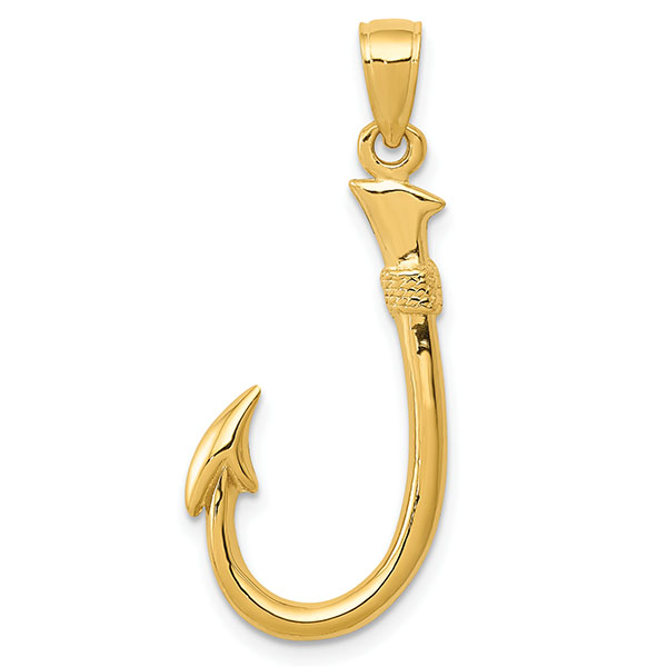 14K Solid Gold Fishing Hook Pendant