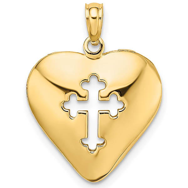plain cut-out cross reversible heart pendant 14k gold