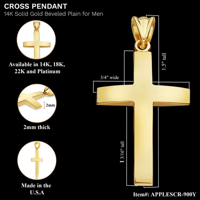 18K Gold Beveled Cross Pendant for Men