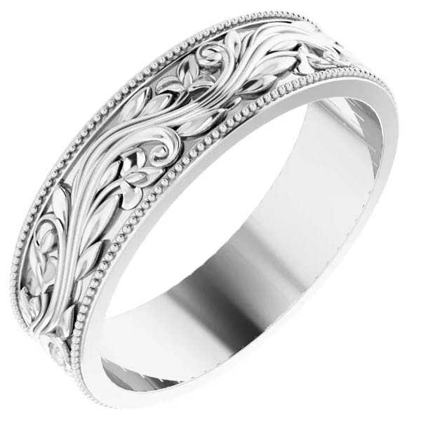 14K White Gold Men's Sculptured Paisley Wedding Band Ring