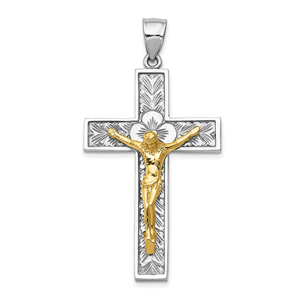 Floral Crucifix Pendant for Men in 14K Two-Tone Gold
