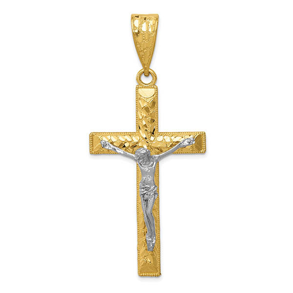 Men's Large 14K Two-Tone Gold Diamond-Cut Nugget Crucifix Pendant