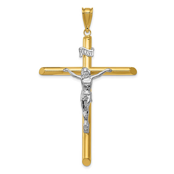 Men's Large 14K Two-Tone Gold Crucifix Pendant, INRI, Polished