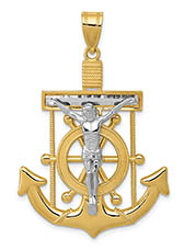 Men's Large 14K Two-Tone Gold Diamond-Cut Mariner's Anchor Crucifix Pendant
