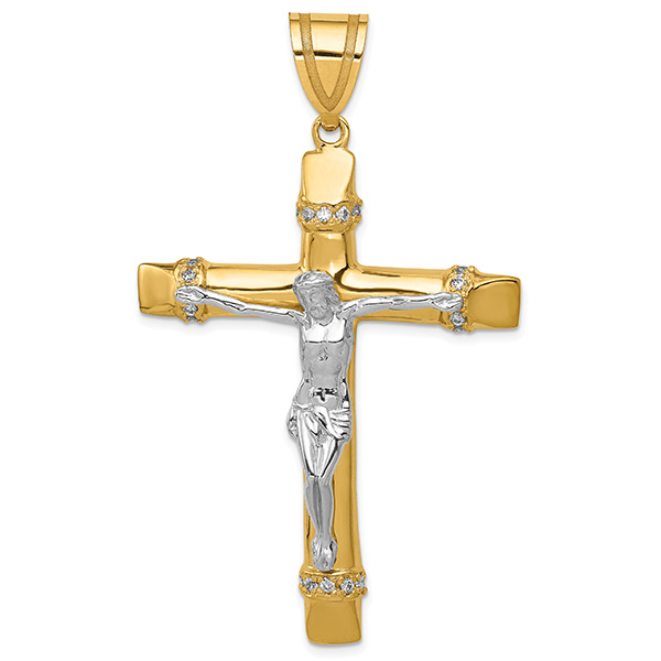 Mens Solid 14k Tri 3 Color Gold Wedding Band with Cross Crucifix CZ Cubic Zirconia