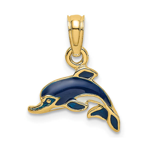Small 14K Gold Blue Enameled Dolphin Charm Pendant