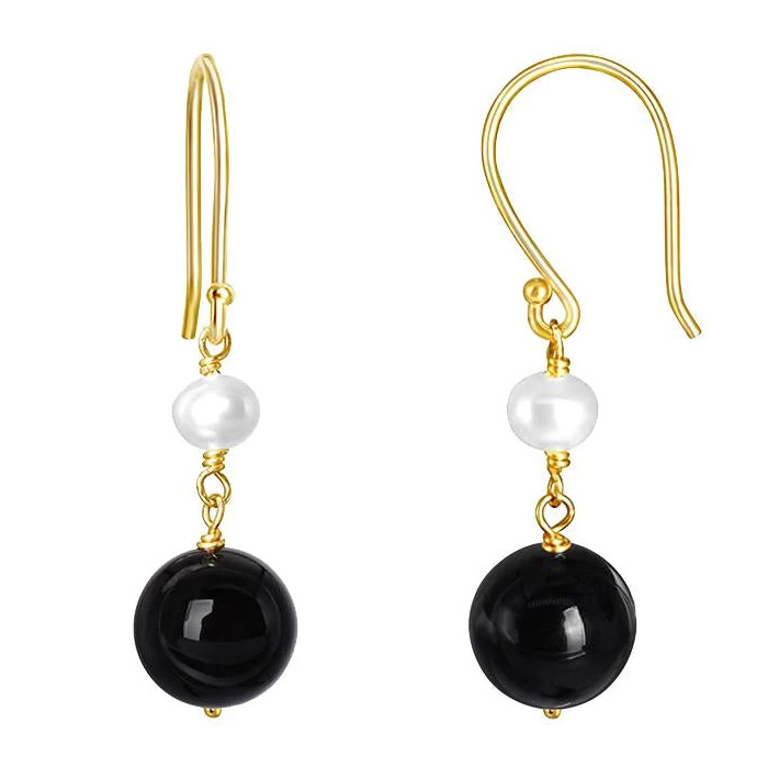Black Onyx & White Freshwater Pearl Drop Dangle Earrings 14K Gold