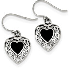 Slightly Antiqued Onyx Heart Earrings in Silver