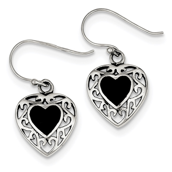 Antiqued Sterling Silver Black Onyx Heart Earrings﻿